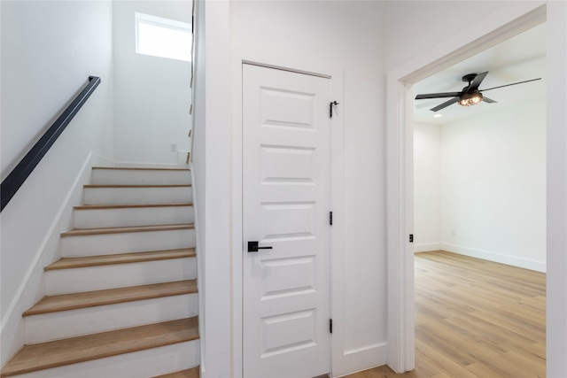 stairs featuring hardwood / wood-style flooring and ceiling fan