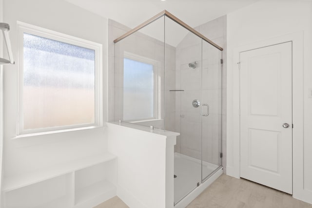 bathroom featuring a shower with door and plenty of natural light