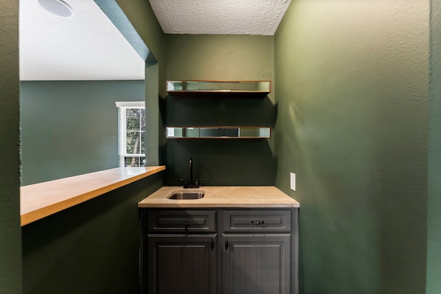 bar with a textured ceiling and sink