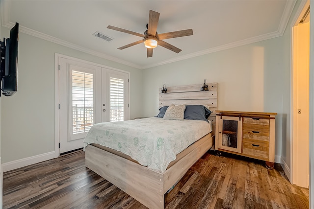 bedroom featuring crown molding, ceiling fan, access to exterior, and dark hardwood / wood-style flooring