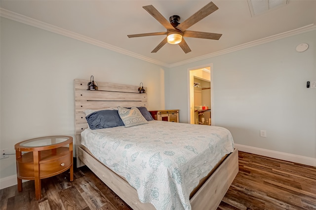 bedroom featuring ornamental molding, dark wood-type flooring, and ceiling fan