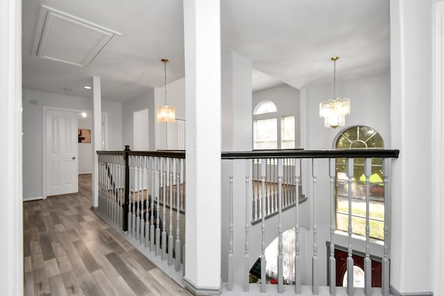 hallway with a chandelier and wood-type flooring