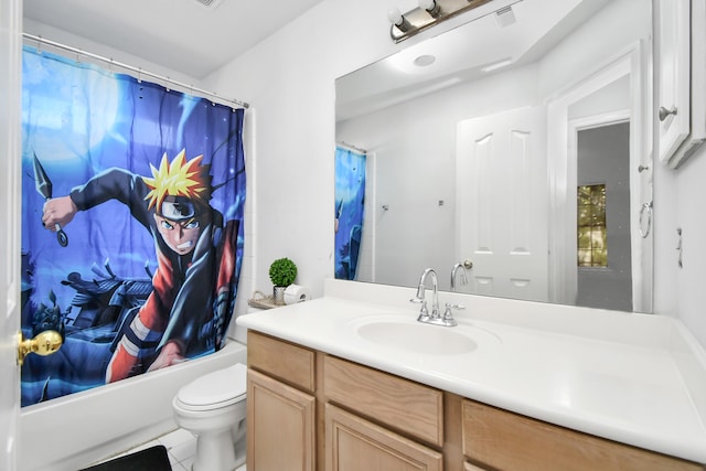 full bathroom with vanity, toilet, tile patterned floors, and shower / bathtub combination with curtain