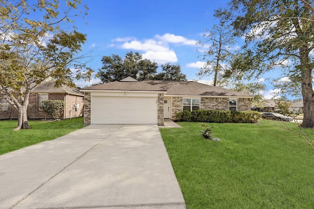 single story home with a garage and a front yard