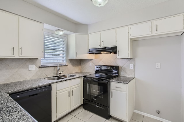 kitchen featuring black appliances, sink, backsplash, white cabinets, and light tile patterned floors