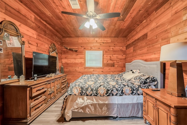 bedroom with ceiling fan, wooden ceiling, wooden walls, and light hardwood / wood-style floors