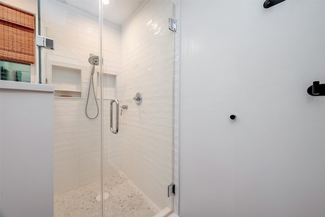 bathroom featuring a shower with door