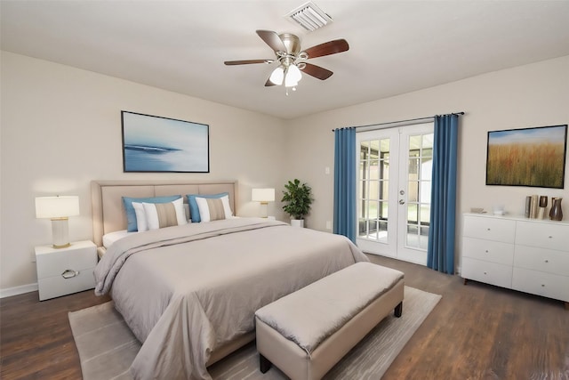 bedroom featuring access to exterior, ceiling fan, french doors, and dark wood-type flooring