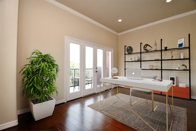 office featuring crown molding and dark hardwood / wood-style floors