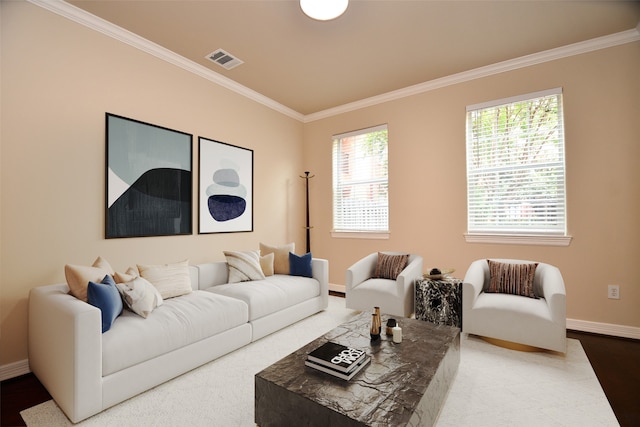 living room with ornamental molding and wood-type flooring