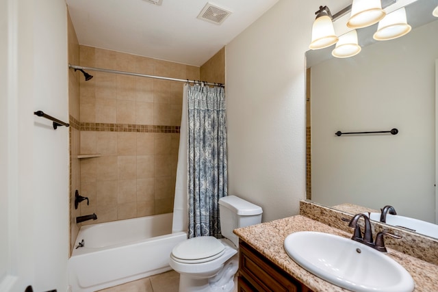 full bathroom featuring vanity, toilet, shower / bath combo, and tile patterned flooring