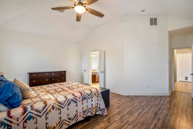 bedroom featuring connected bathroom, vaulted ceiling, wood-type flooring, and ceiling fan