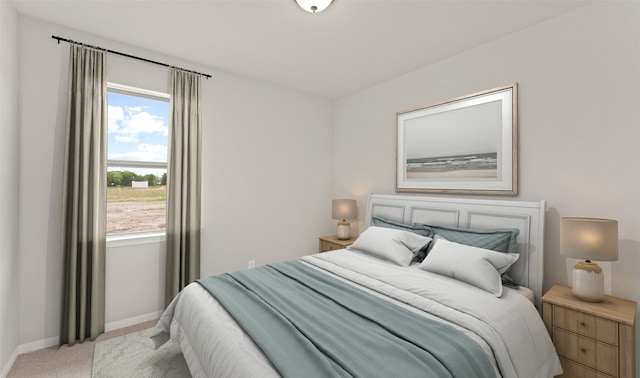 bedroom with light colored carpet