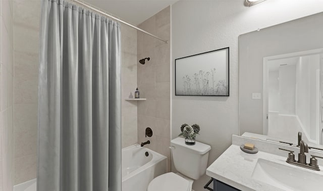 full bathroom with toilet, shower / bath combo with shower curtain, and vanity