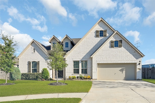 view of front of home with a front yard and a garage