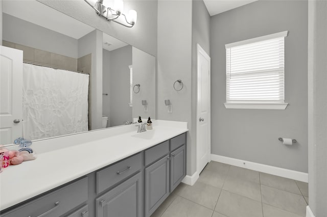 bathroom with vanity, toilet, and tile patterned floors