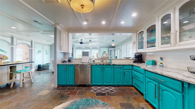 kitchen featuring white cabinets, dishwasher, hanging light fixtures, and a wealth of natural light