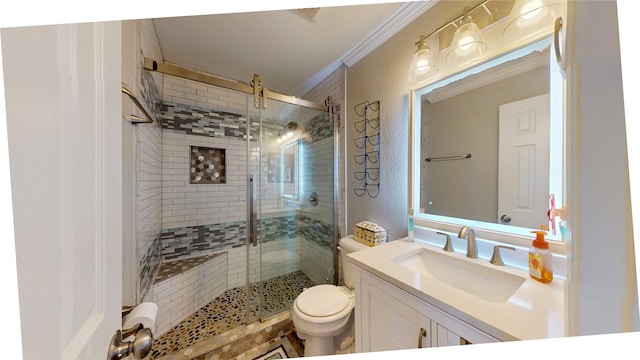 bathroom featuring vanity, toilet, crown molding, and walk in shower