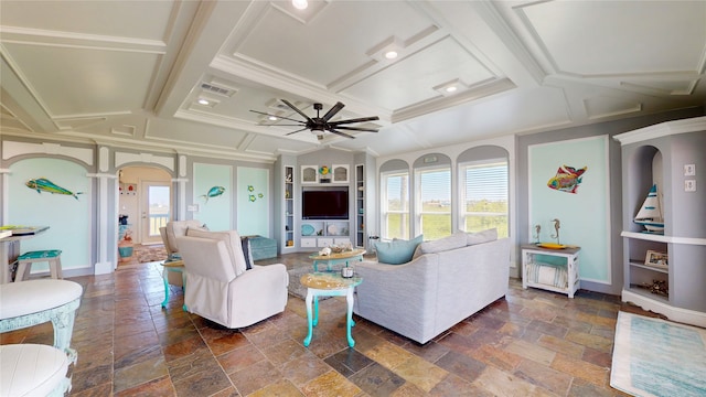 living room with ceiling fan, coffered ceiling, beam ceiling, and crown molding