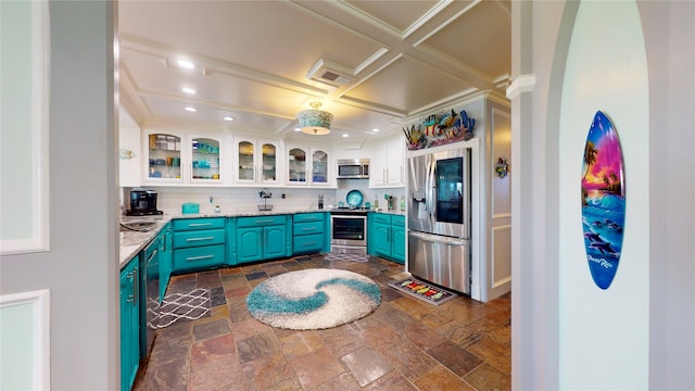 kitchen with white cabinetry, coffered ceiling, stainless steel appliances, crown molding, and decorative backsplash