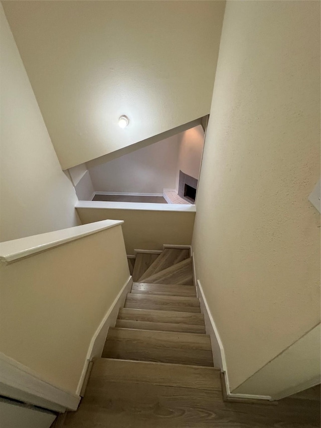 staircase with hardwood / wood-style floors