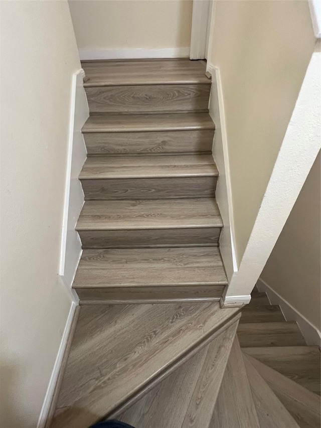 stairway with hardwood / wood-style floors