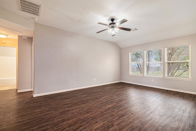 unfurnished room with ceiling fan, lofted ceiling, and dark hardwood / wood-style floors