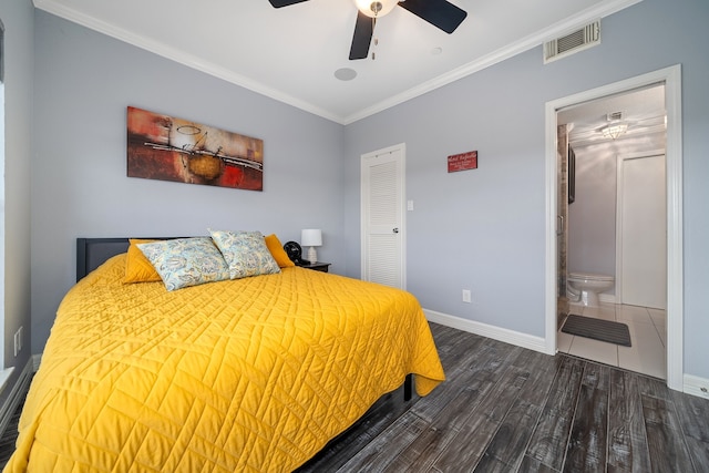 bedroom with connected bathroom, ceiling fan, crown molding, and dark hardwood / wood-style floors