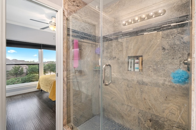 bathroom featuring ceiling fan, crown molding, and a shower with shower door