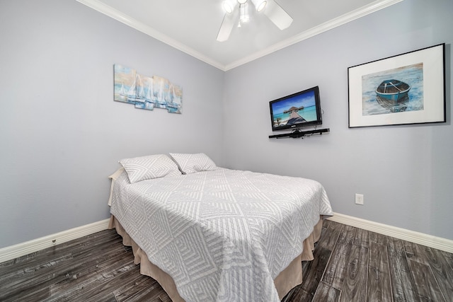 bedroom with ceiling fan, dark hardwood / wood-style floors, and ornamental molding