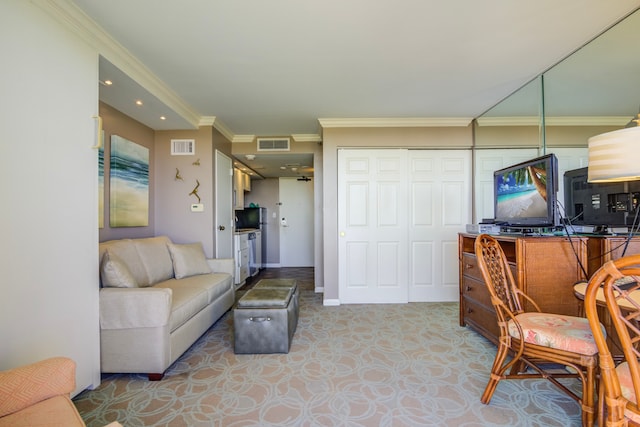 living room with ornamental molding