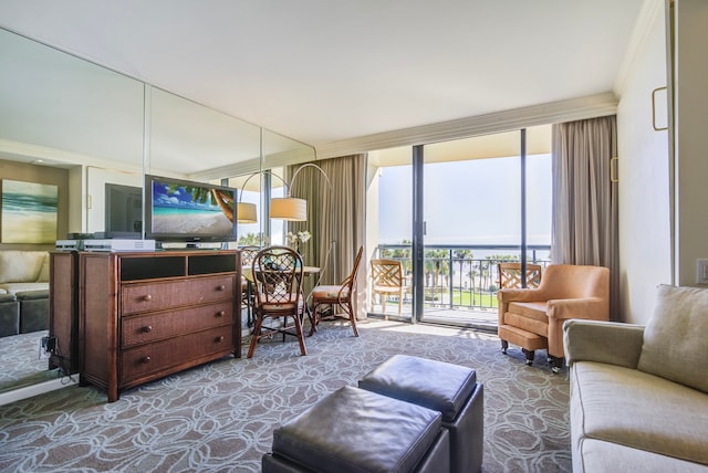 living room featuring a wall of windows and carpet floors