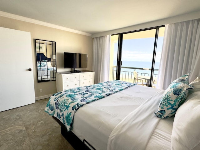 bedroom with access to outside, ornamental molding, and concrete flooring