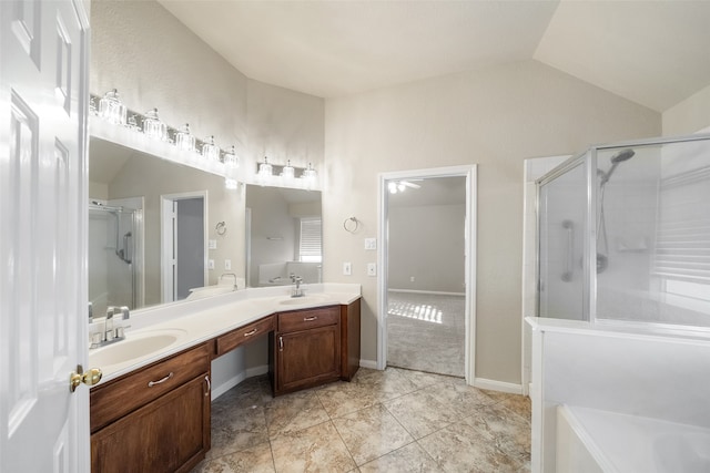 bathroom featuring vanity, tile patterned floors, vaulted ceiling, and a shower with door