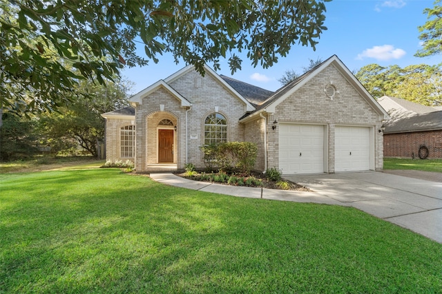 view of front of property featuring a front yard and a garage