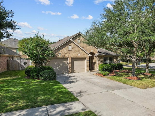 view of front of property with a garage and a front lawn