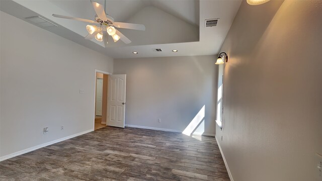 5802 Sugar Bush Dr, Magnolia, TX 77354 - unfurnished room featuring visible vents, ceiling fan, lofted ceiling, and dark wood-style floors