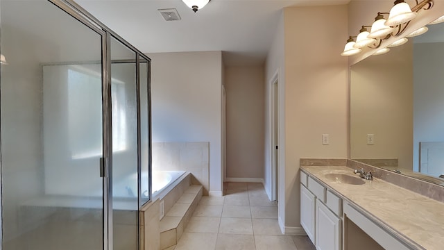 5802 Sugar Bush Dr, Magnolia, TX 77354 - full bath with a bath, visible vents, tile patterned flooring, a shower stall, and vanity