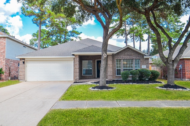 ranch-style home featuring a front lawn and a garage