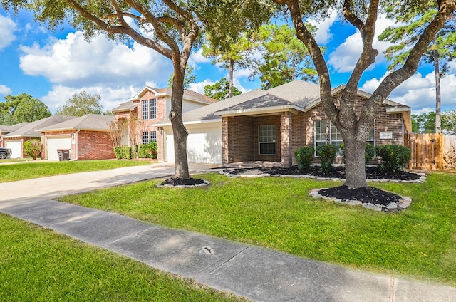 view of front of property with a garage and a front lawn