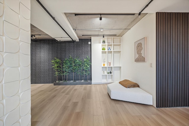 living area with light hardwood / wood-style floors and track lighting