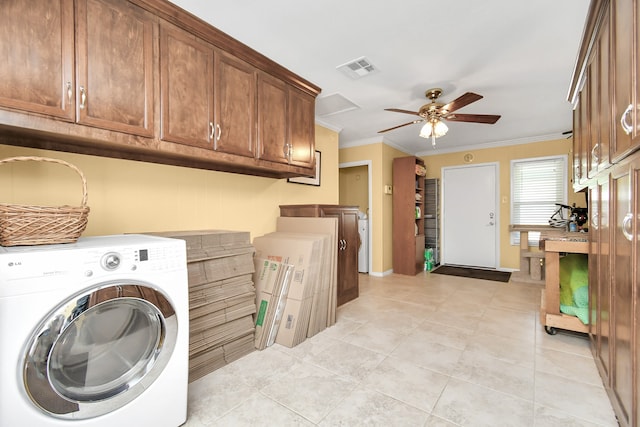 laundry room with washer / clothes dryer, ceiling fan, light tile patterned floors, and ornamental molding