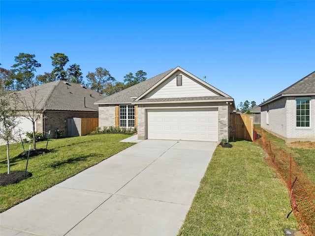 ranch-style house with a front yard and a garage