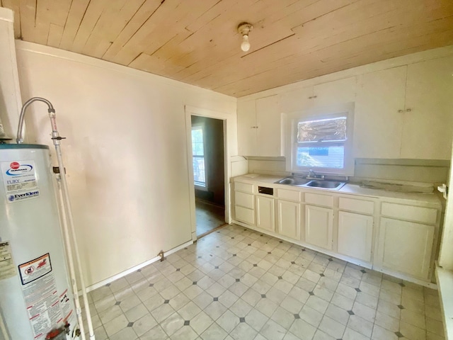 kitchen with wood ceiling, sink, and gas water heater