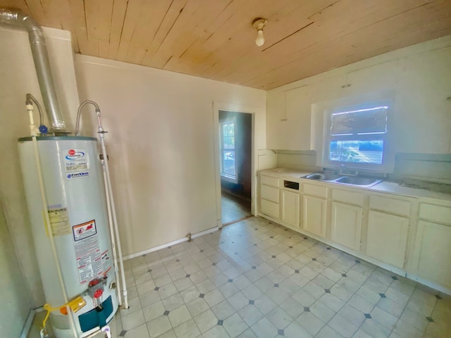 kitchen featuring wood ceiling, a wealth of natural light, sink, and gas water heater