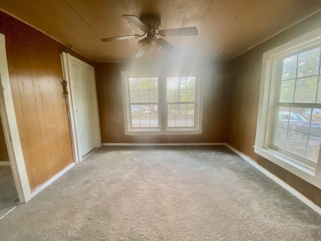 carpeted empty room featuring wood ceiling, ceiling fan, and wood walls