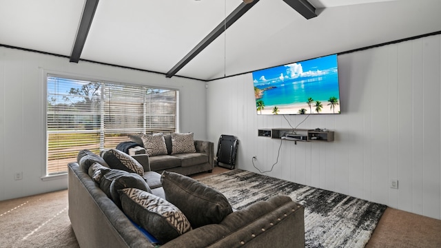 carpeted living room with vaulted ceiling with beams and wooden walls