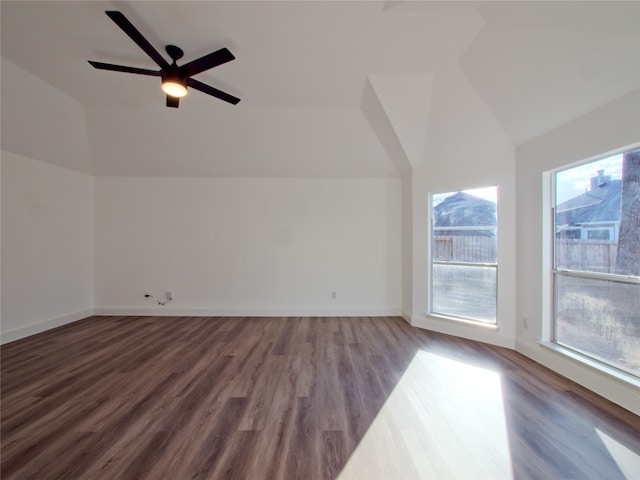 bonus room with lofted ceiling, hardwood / wood-style flooring, and ceiling fan