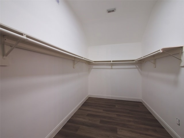 walk in closet with dark hardwood / wood-style flooring