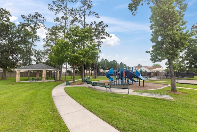 view of jungle gym featuring a gazebo and a yard